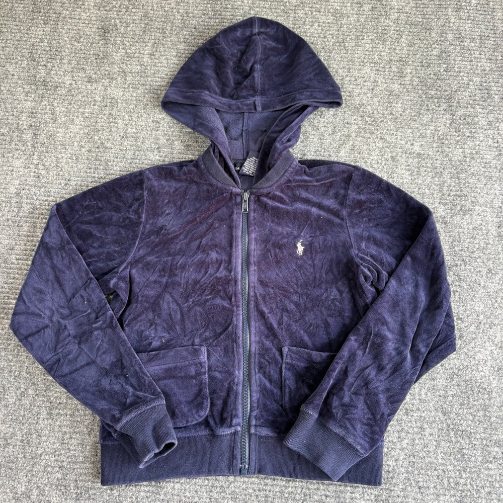 Ralph Lauren Kids Navy Blue Velour Full Zip Hoodie Jacket Size M Pony Logo 3660